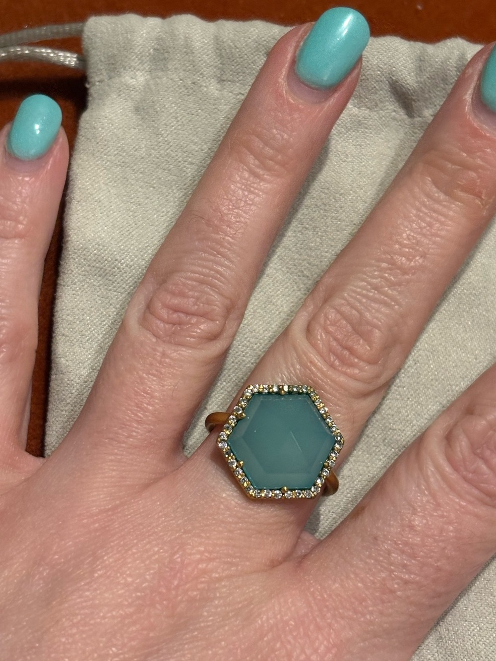 Francesca's Collections 3D Hexagon Aqua-Blue Stone Ring with Gold Halo